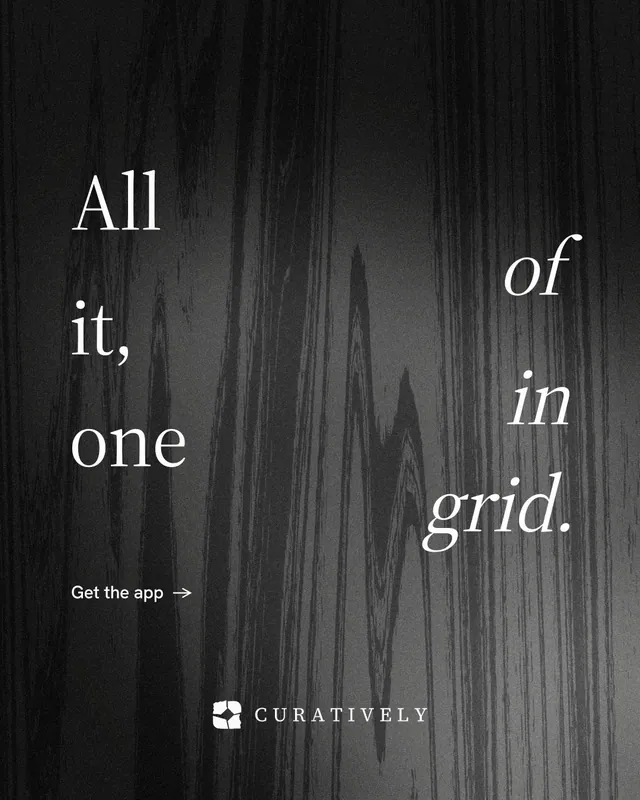 Instagram portrait post for Curatively: "All of it, in one grid." Minimal luxury style, stacked layout, dark palette in black, grey.