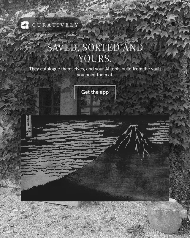 Instagram portrait post for Curatively: "Saved, sorted and yours." Editorial style, centred layout, dark palette in black, grey.