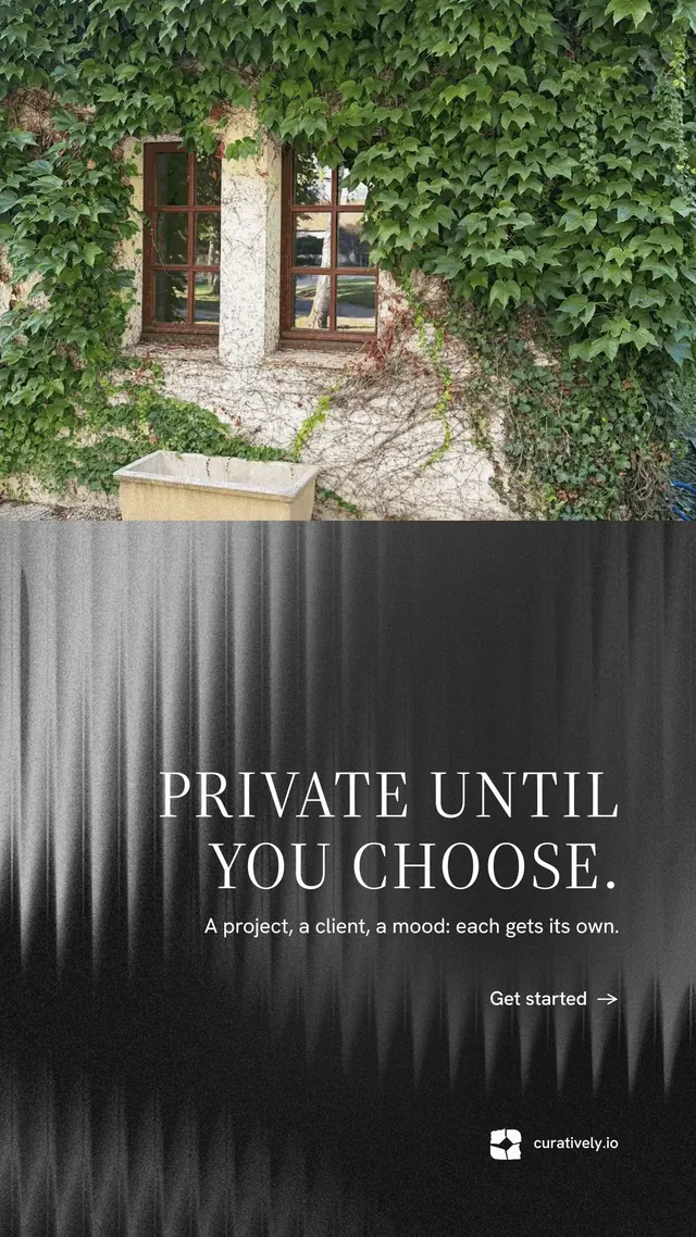 Instagram story for Curatively: "Private until you choose." Minimal luxury style, right layout, dark palette in black, grey.