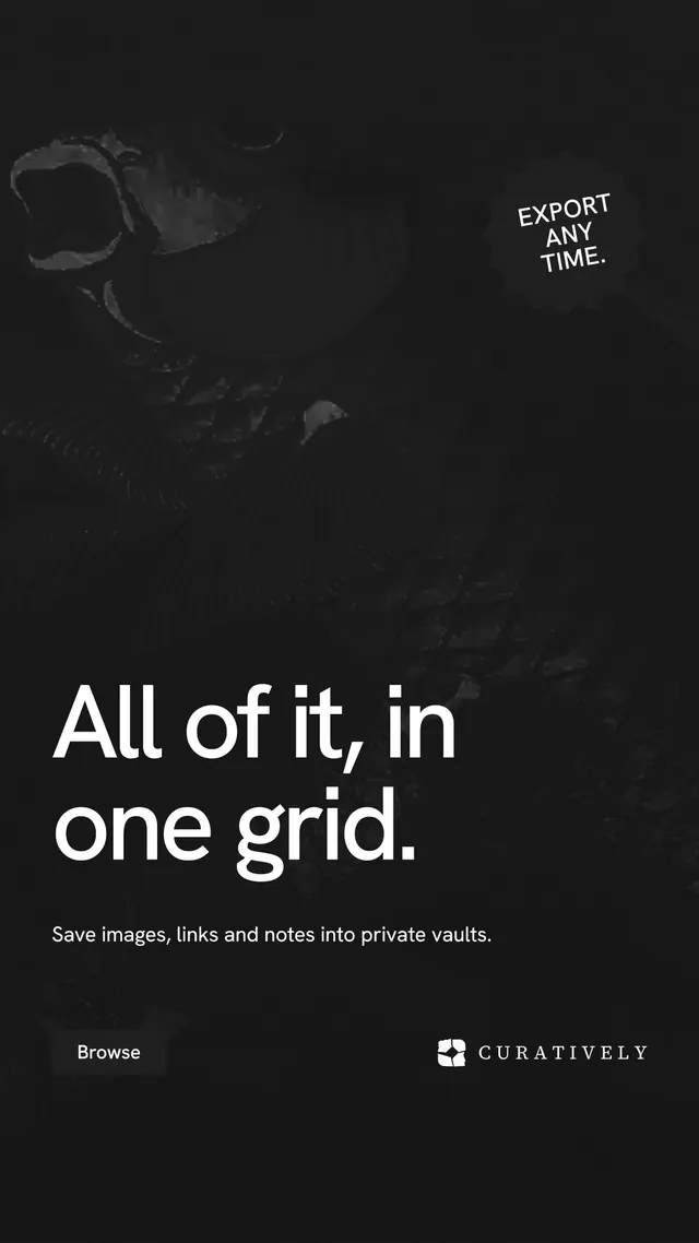 Instagram story for Curatively: "All of it, in one grid." Swiss style, sticker layout, dark palette in black.