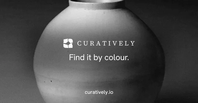 Social ad for Curatively: "Find it by colour." Editorial style, end card layout, dark palette in grey, black.