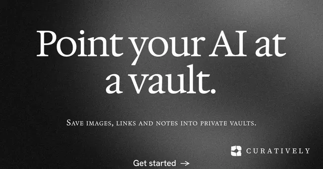 Social ad for Curatively: "Point your AI at a vault." Minimal luxury style, smallcaps layout, dark palette in black, grey.