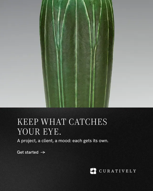 Instagram portrait post for Curatively: "Keep what catches your eye." Minimal luxury style, bottom layout, dark palette in grey, black.