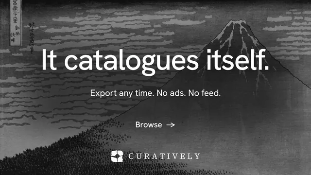 Landscape graphic for Curatively: "It catalogues itself." Minimal luxury style, centred layout, dark palette in black, grey.