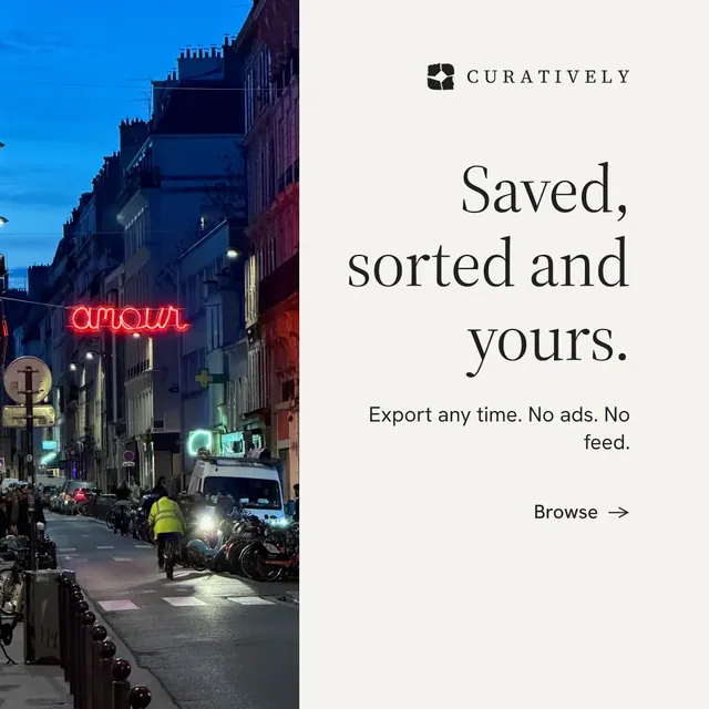 Instagram post for Curatively: "Saved, sorted and yours." Minimal luxury style, right layout, light palette in white, blue.