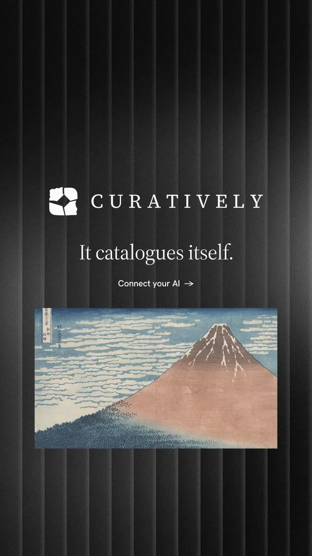Instagram story for Curatively: "It catalogues itself." Minimal luxury style, logo hero layout, dark palette in black, grey.