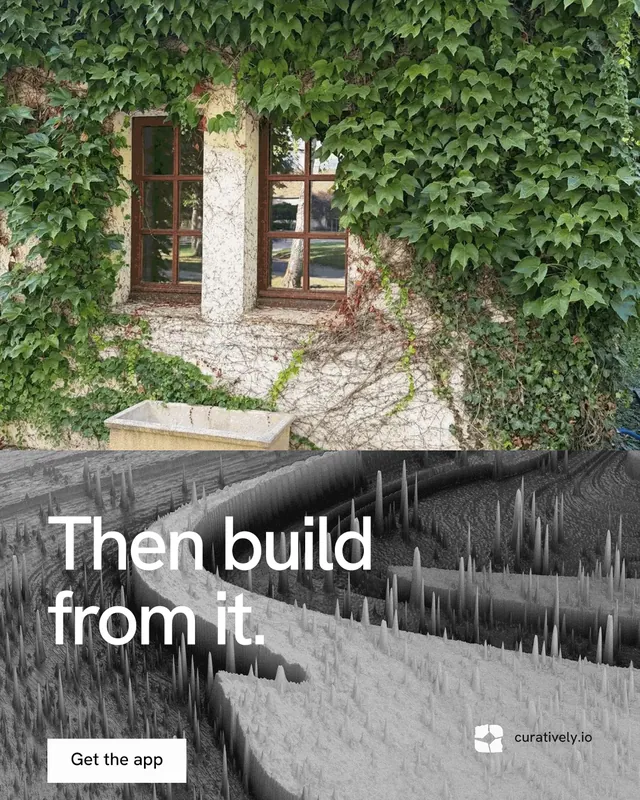 Instagram portrait post for Curatively: "Then build from it." Swiss style, bottom layout, light palette in grey, black.