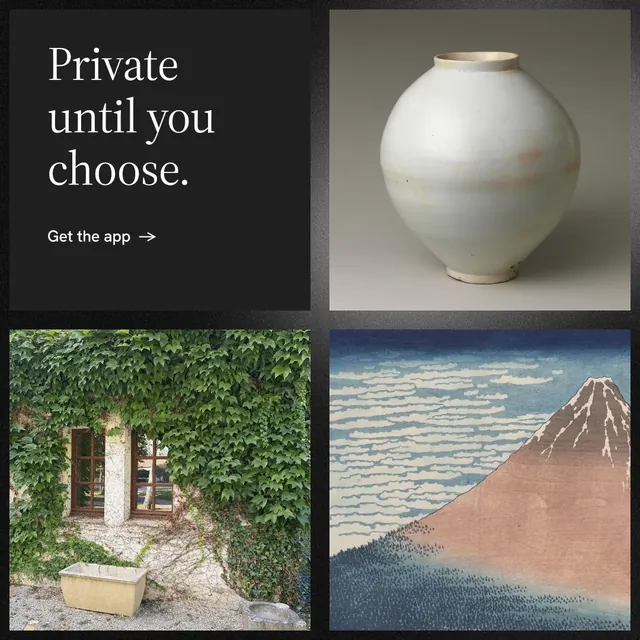 Instagram post for Curatively: "Private until you choose." Minimal luxury style, collage layout, dark palette in black, grey.