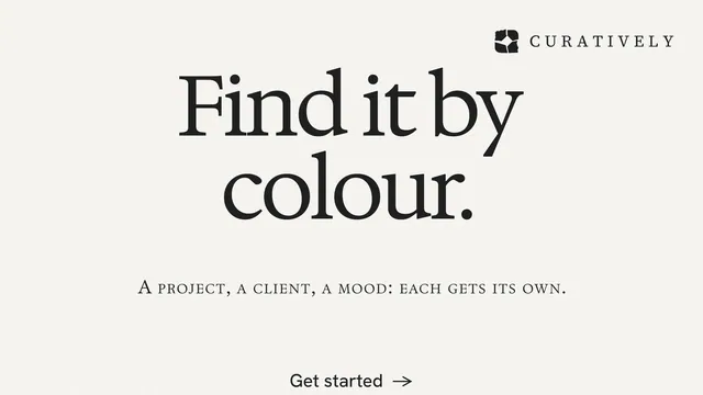 Landscape graphic for Curatively: "Find it by colour." Swiss style, smallcaps layout, light palette in white, grey.