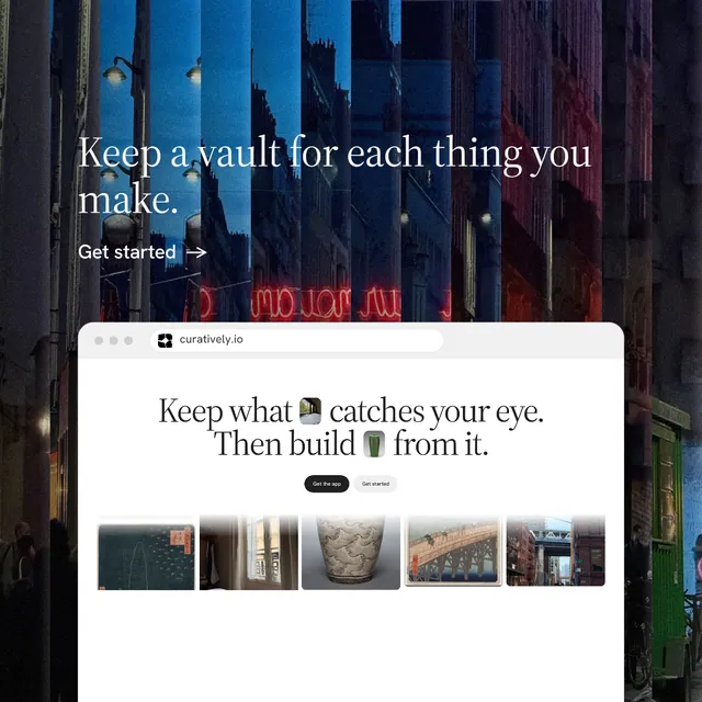 Instagram post for Curatively: "Keep a vault for each thing you make." Minimal luxury style, browser layout, light palette in black, white, grey.