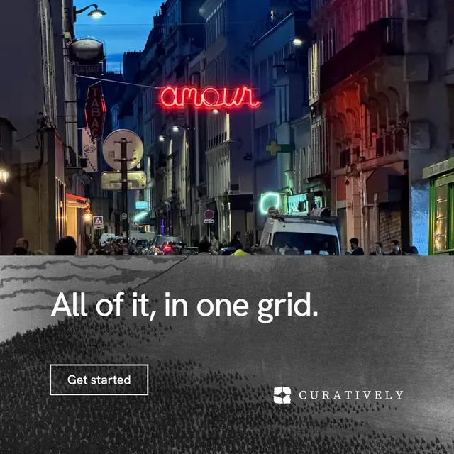 Instagram post for Curatively: "All of it, in one grid." Editorial style, bottom layout, dark palette in grey, black, blue.