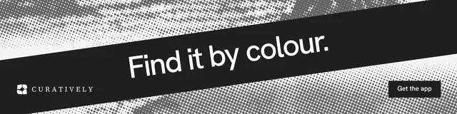 LinkedIn banner for Curatively: "Find it by colour." Swiss style, diagonal layout, dark palette in black, grey, white.