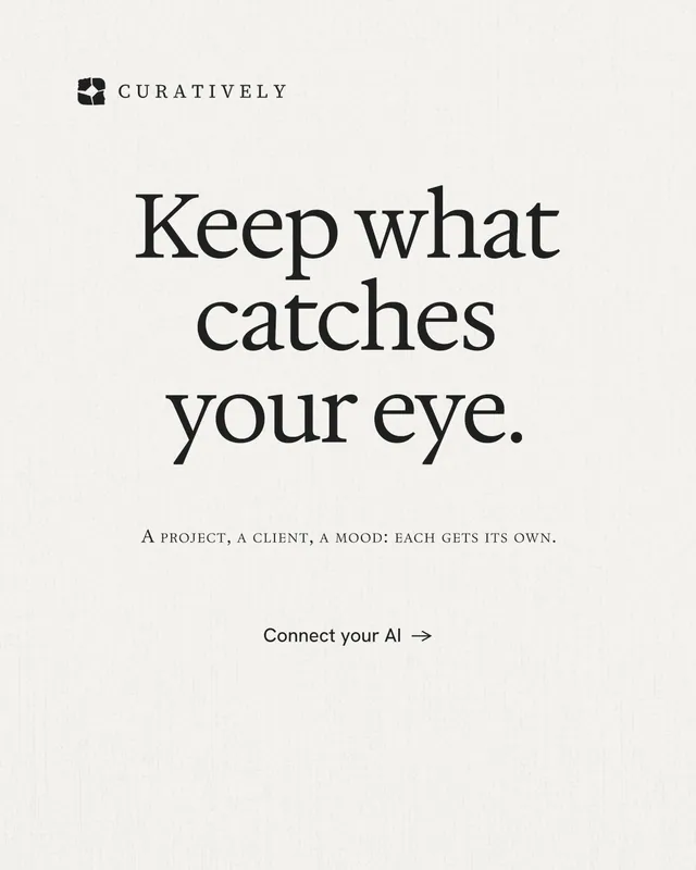 Instagram portrait post for Curatively: "Keep what catches your eye." Minimal luxury style, smallcaps layout, light palette in white.