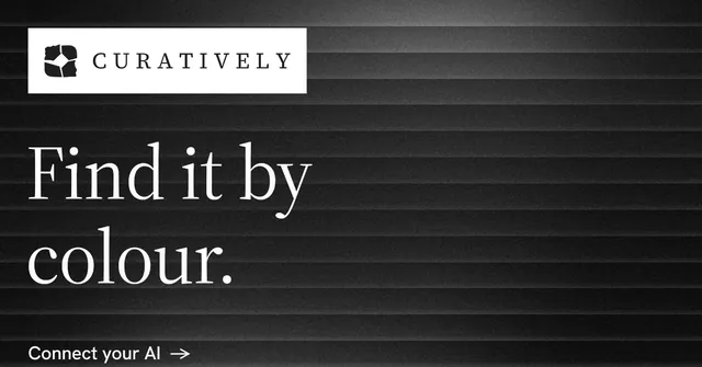 Social ad for Curatively: "Find it by colour." Minimal luxury style, announce layout, dark palette in black, grey.
