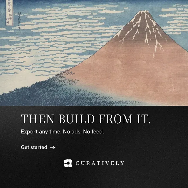 Instagram post for Curatively: "Then build from it." Minimal luxury style, bottom layout, dark palette in grey, black.