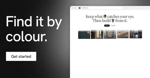 Social ad for Curatively: "Find it by colour." Swiss style, browser layout, light palette in white, black, grey.