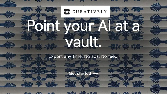 Landscape graphic for Curatively: "Point your AI at a vault." Minimal luxury style, centred layout, dark palette in grey, blue.