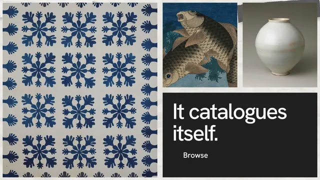 Landscape graphic for Curatively: "It catalogues itself." Swiss style, collage layout, light palette in grey, black.