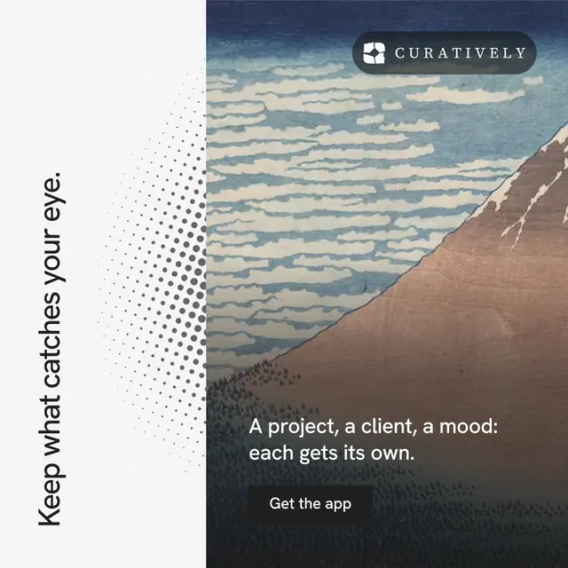 Instagram post for Curatively: "Keep what catches your eye." Swiss style, vertical layout, light palette in black, white, grey.