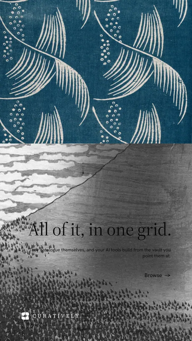 Instagram story for Curatively: "All of it, in one grid." Minimal luxury style, right layout, dark palette in grey, blue.