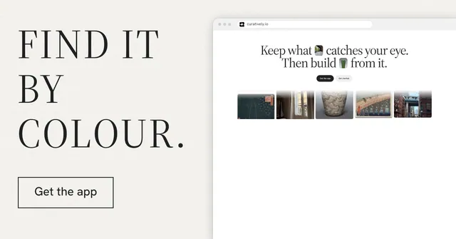 Social ad for Curatively: "Find it by colour." Editorial style, browser layout, light palette in white, grey.