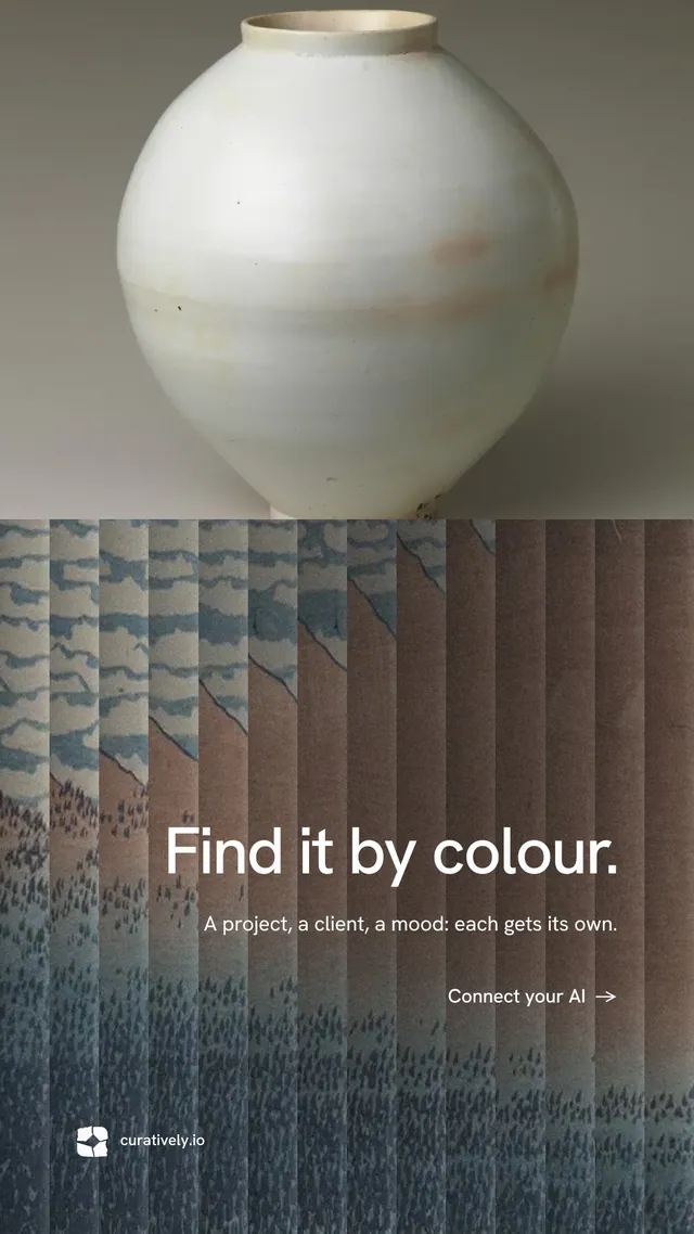 Instagram story for Curatively: "Find it by colour." Minimal luxury style, right layout, dark palette in grey, black.