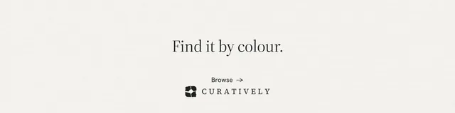 LinkedIn banner for Curatively: "Find it by colour." Minimal luxury style, centred layout, light palette in white.