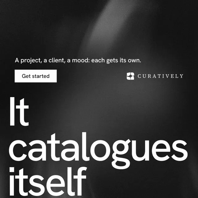 Instagram post for Curatively: "Saved, sorted and yours." Swiss style, oversized layout, dark palette in black, grey.