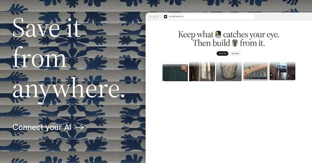 Social ad for Curatively: "Save it from anywhere." Minimal luxury style, browser layout, light palette in white, grey.