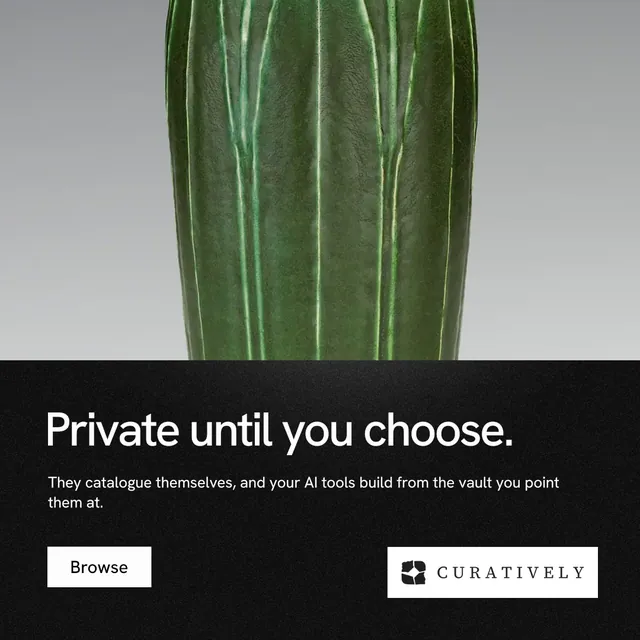 Instagram post for Curatively: "Private until you choose." Swiss style, bottom layout, dark palette in grey, green, black.