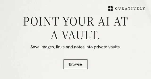 Social ad for Curatively: "Point your AI at a vault." Editorial style, centred layout, light palette in white.