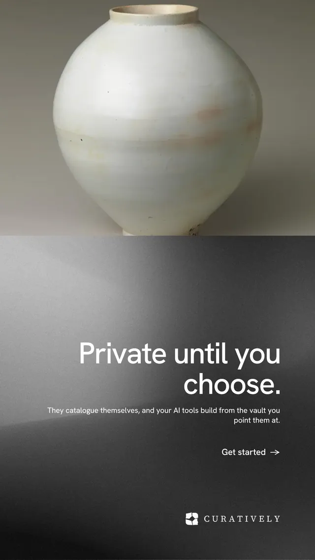 Instagram story for Curatively: "Private until you choose." Minimal luxury style, right layout, dark palette in black, grey.