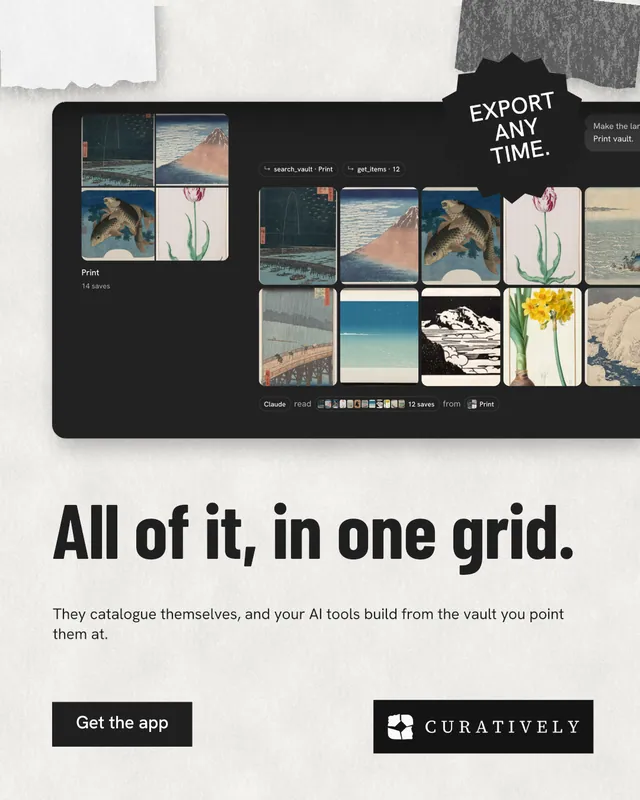 Instagram portrait post for Curatively: "All of it, in one grid." Retro print style, sticker layout, light palette in black, white, grey.