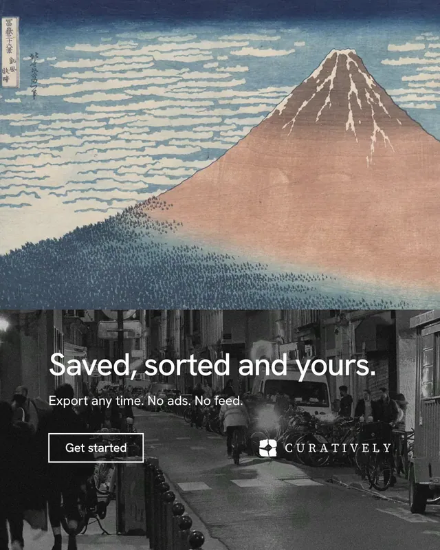 Instagram portrait post for Curatively: "Saved, sorted and yours." Editorial style, bottom layout, dark palette in grey, black.