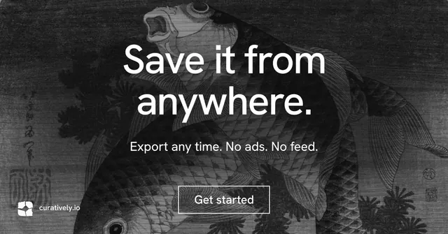 Social ad for Curatively: "Save it from anywhere." Editorial style, centred layout, dark palette in black, grey.