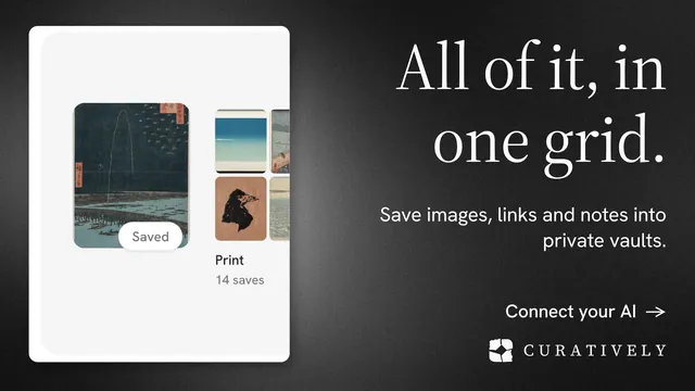 Landscape graphic for Curatively: "All of it, in one grid." Minimal luxury style, right layout, dark palette in white, black, grey.