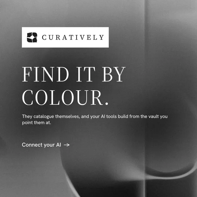 Instagram post for Curatively: "Find it by colour." Minimal luxury style, announce layout, dark palette in grey, black.