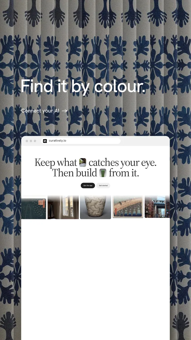 Instagram story for Curatively: "Find it by colour." Minimal luxury style, browser layout, light palette in grey, white.
