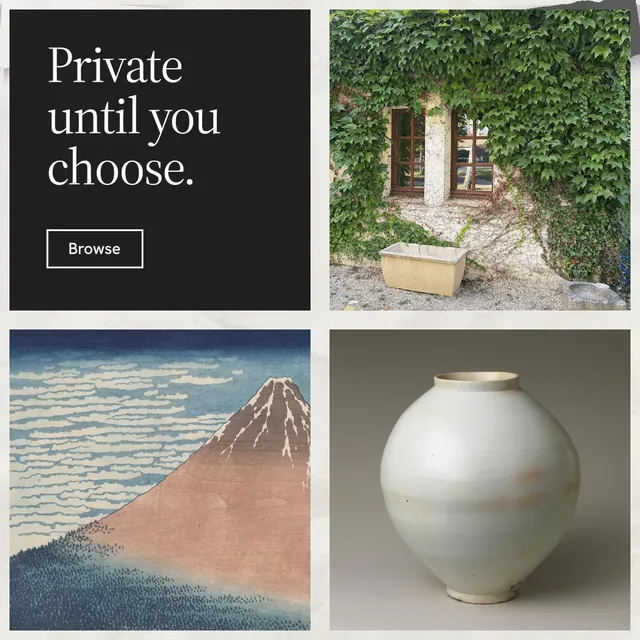 Instagram post for Curatively: "Private until you choose." Editorial style, collage layout, light palette in grey, black, white.