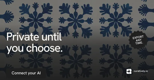 Social ad for Curatively: "Private until you choose." Swiss style, sticker layout, dark palette in grey, black, blue.