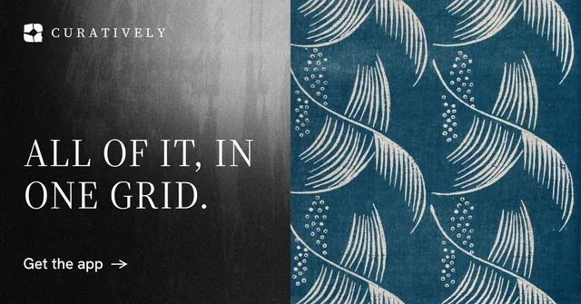 Social ad for Curatively: "All of it, in one grid." Minimal luxury style, bottom layout, dark palette in blue, black, grey.