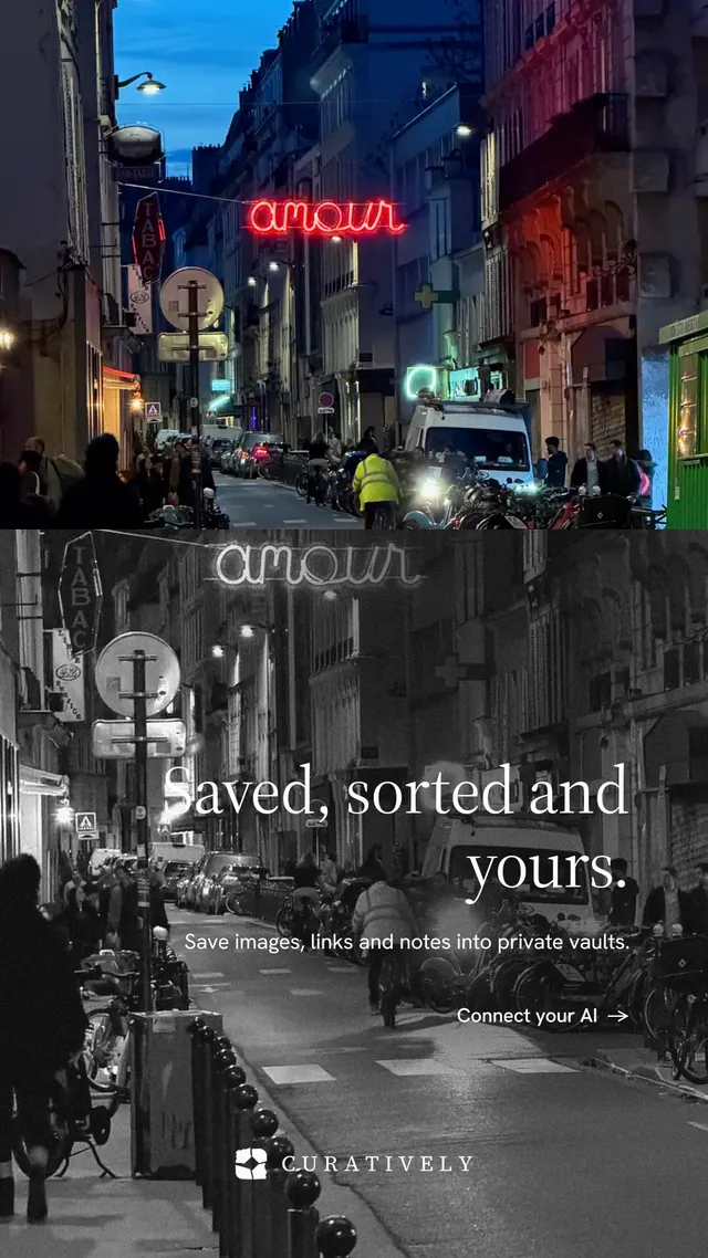 Instagram story for Curatively: "Saved, sorted and yours." Minimal luxury style, right layout, dark palette in grey, black.