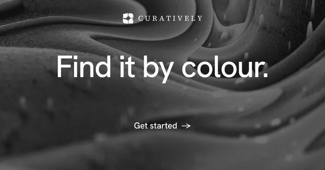 Social ad for Curatively: "Find it by colour." Minimal luxury style, centred layout, dark palette in black, grey.