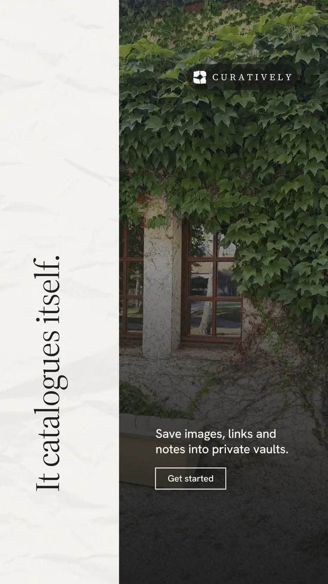 Instagram story for Curatively: "It catalogues itself." Editorial style, vertical layout, light palette in black, white.