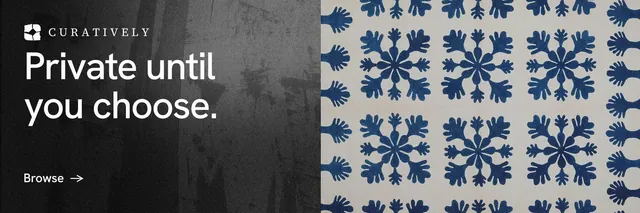 X header for Curatively: "Private until you choose." Minimal luxury style, bottom layout, dark palette in black, grey.