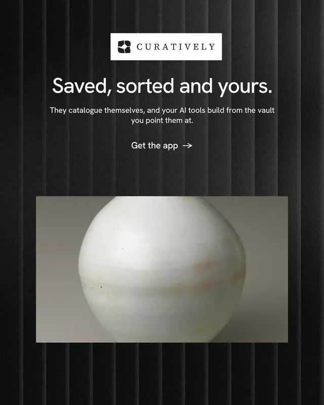 Instagram portrait post for Curatively: "Saved, sorted and yours." Minimal luxury style, centred layout, dark palette in black, grey.