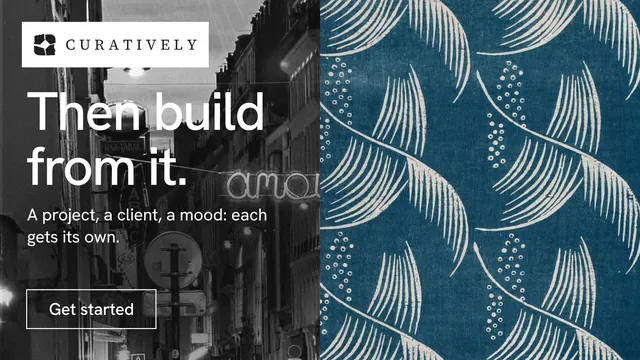 Landscape graphic for Curatively: "Then build from it." Editorial style, bottom layout, dark palette in blue, black, grey.
