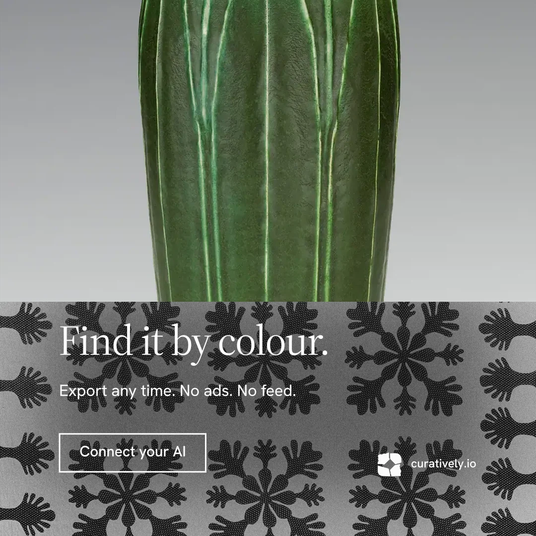 Instagram post for Curatively: "Find it by colour." Editorial style, bottom layout, light palette in grey, black.
