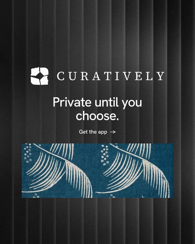 Instagram portrait post for Curatively: "Private until you choose." Minimal luxury style, logo hero layout, dark palette in black, blue, grey.