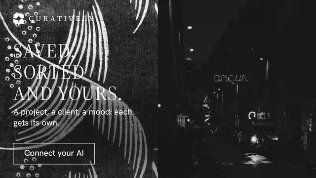 Landscape graphic for Curatively: "Saved, sorted and yours." Editorial style, bottom layout, dark palette in black, grey.